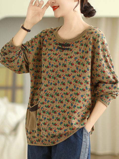 Women Vintage Floral Winter Spliced O-Neck Sweater