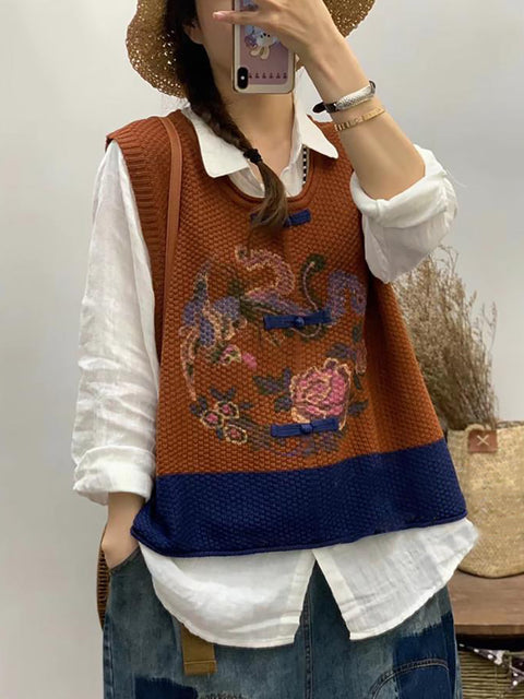 Women Retro Flower Print Colorblock Vest