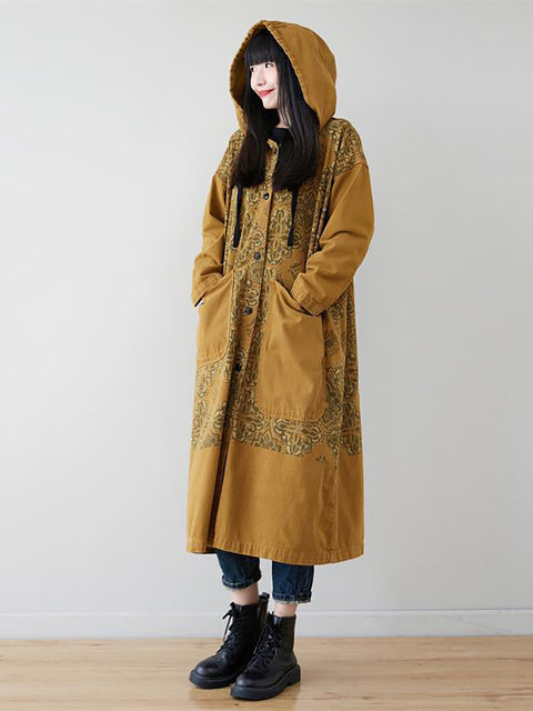 Women Artsy Flower Spliced Long Denim Hooded Coat