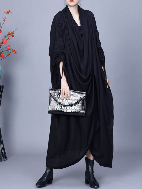 Women Vintagte Spring Drawstring Irregular Solid Dress