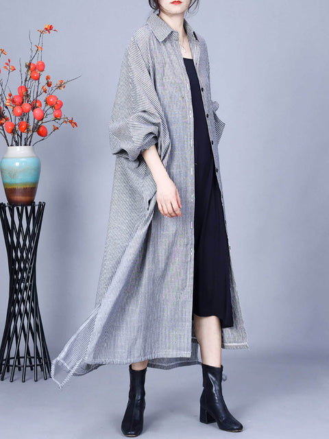 Women Casual Stripe Cotton Linen Loose Long Coat