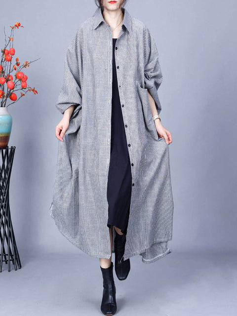 Women Casual Stripe Cotton Linen Loose Long Coat