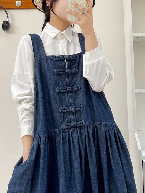 Women Spring Vintage Buckle Denim Vest Dress