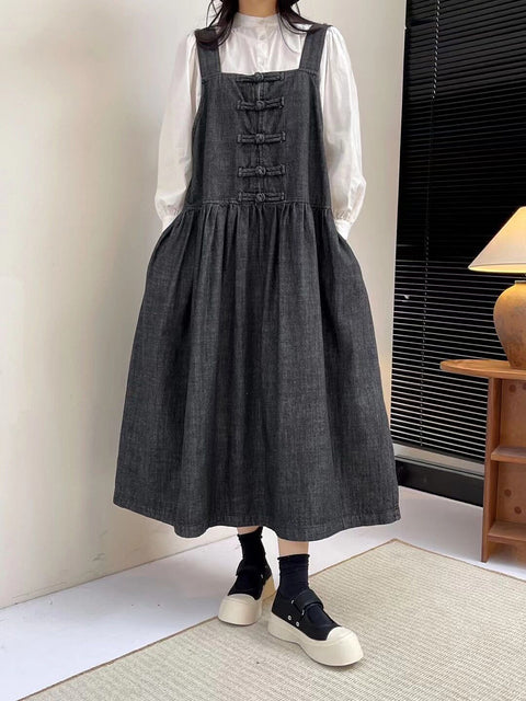 Women Spring Vintage Buckle Denim Vest Dress