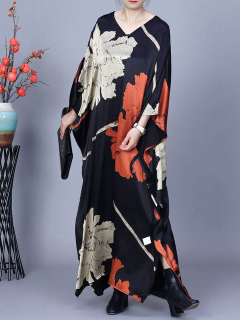 Women Spring Flower Print Irregular V-Neck Maxi Dress