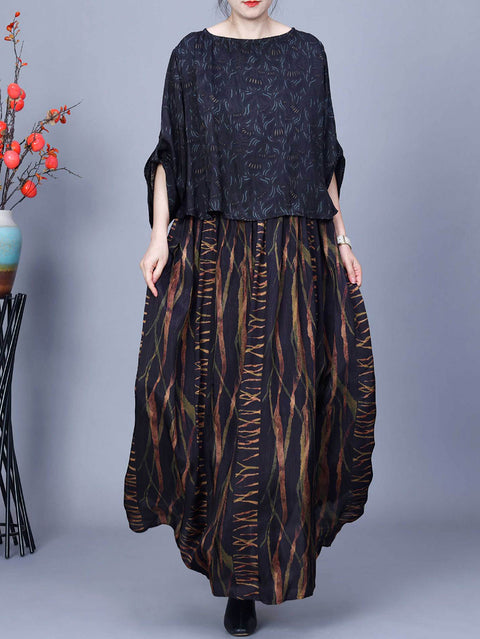 Women Spring Vintage Spliced Loose O-Neck Dress