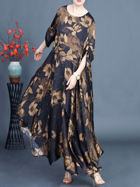 Women Summer Vintage Flower Irregular Hem Loose Dress