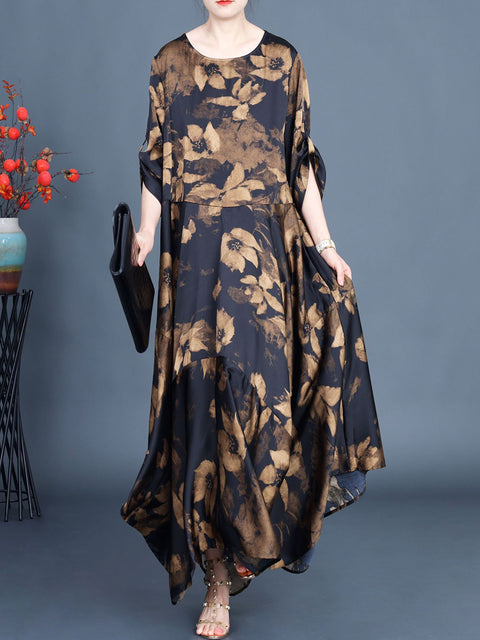 Women Summer Vintage Flower Irregular Hem Loose Dress