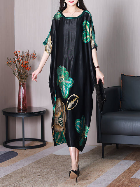 Women Summer Elegant Flower Silk Loose Dress