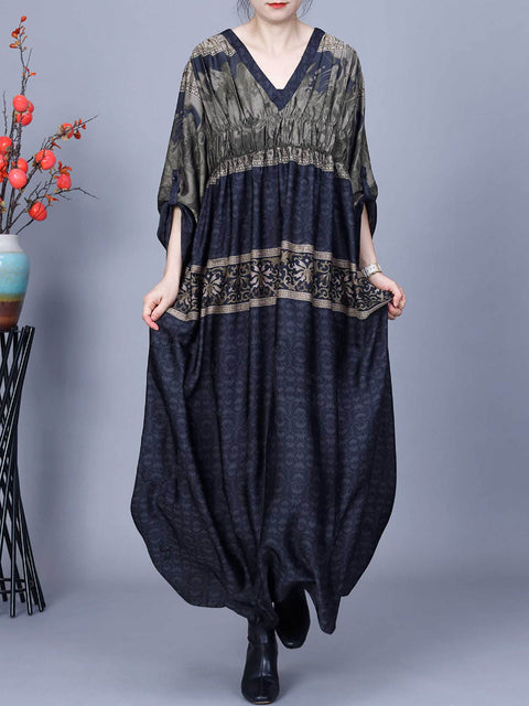 Women Summer Jacquard Spliced Shirred V-Neck Dress