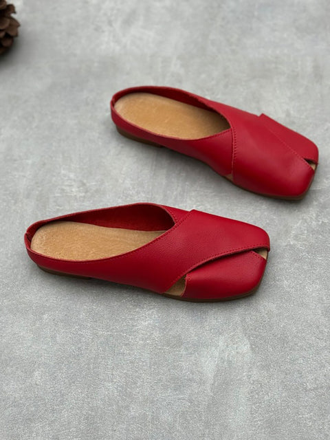 Women Summer Solid Leather Spliced Slippers