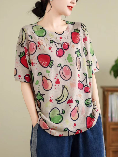 Women Summer Vintage Print Cutout O-Neck Shirt