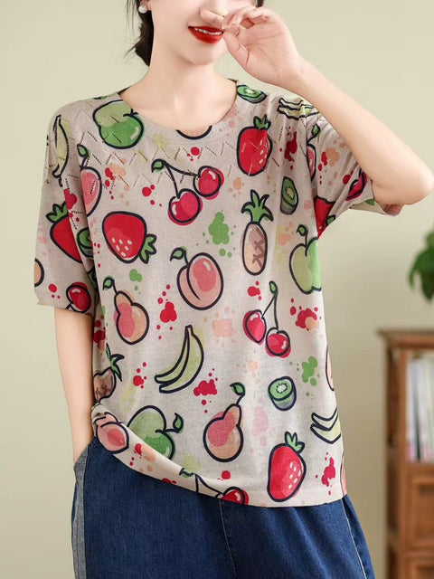 Women Summer Vintage Print Cutout O-Neck Shirt