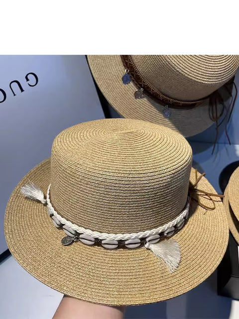 Women Summer Ethnic Straw Flat Top Travel Hat