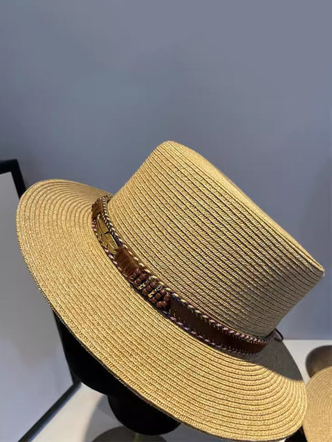 Women Summer Ethnic Straw Flat Top Travel Hat