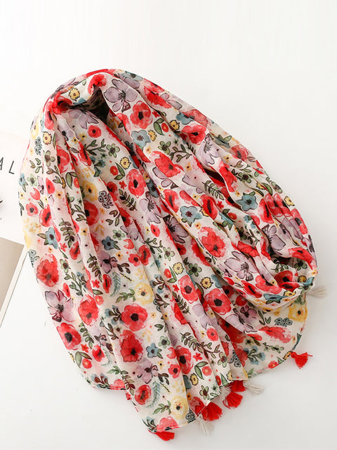 Women Travel Artsy Flower Tassel Shawl Scarf