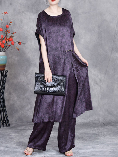 Women Summer Retro Tie-dye Split Hem Shirt +Wide leg Pants