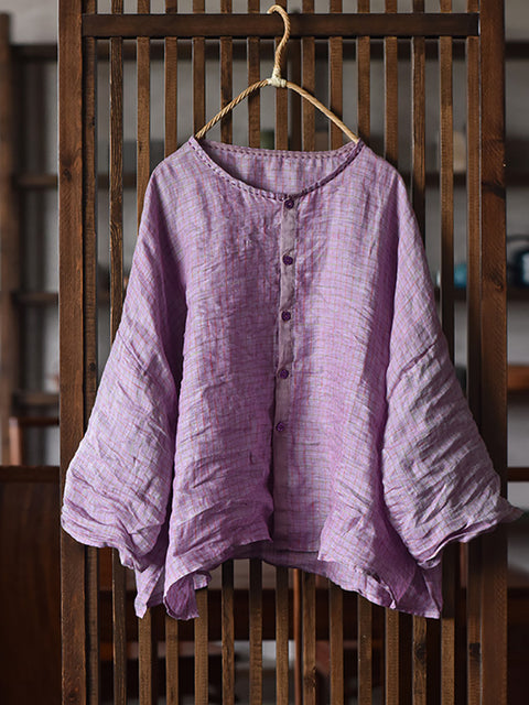 Women Summer Vintage Button-up Long Sleeve Linen Shirt