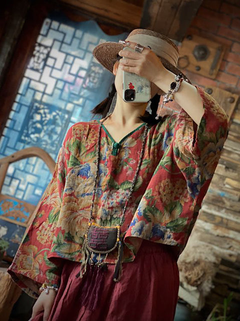 Women Summer Vintage Flower V-Neck Loose Cotton Shirt