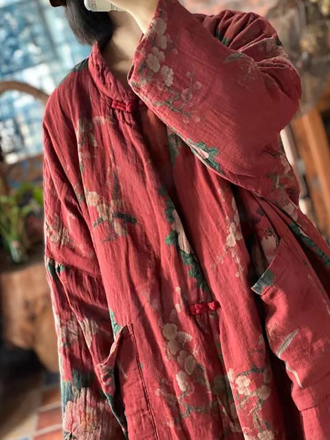 Women Autum Vintage Flower Loose Cotton Coat