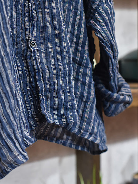 Women Autumn Vintage Stripe Raw-edge Linen Shirt