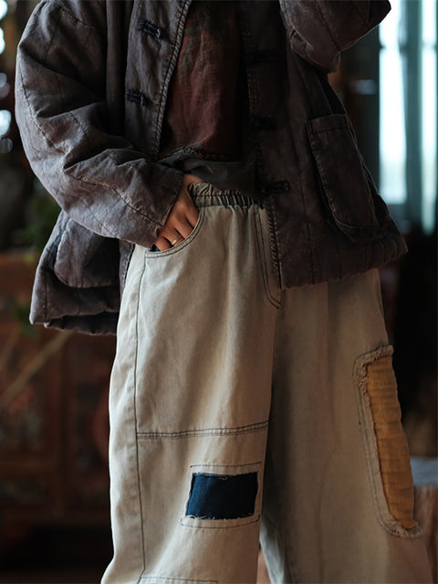 Women Vintage Patch Spliced Denim Harem Pants