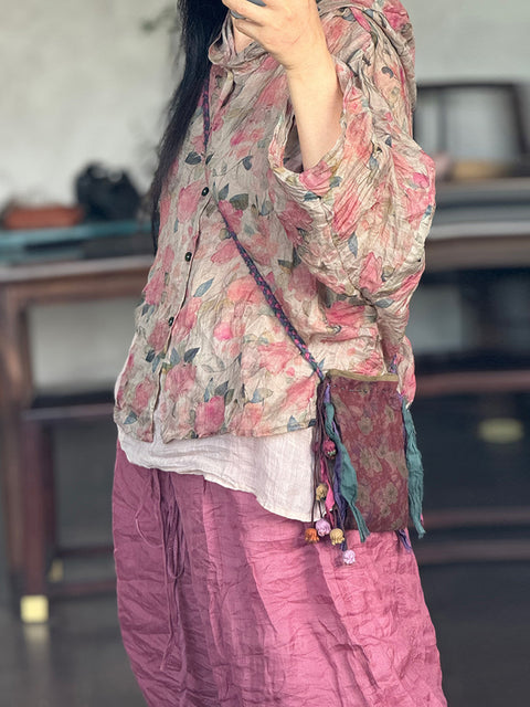 Women Vintage Flower Thin Summer Linen Hooded Shirt