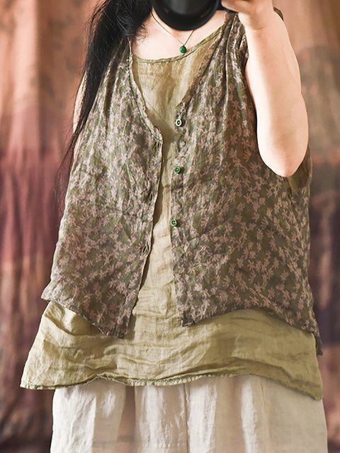 Women Artsy Floral Summer Ramie V-Neck Vest