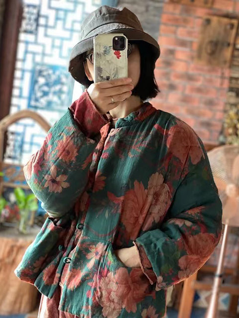 Women Autumn Ethnc Flower Button Pocket Cotton Coat