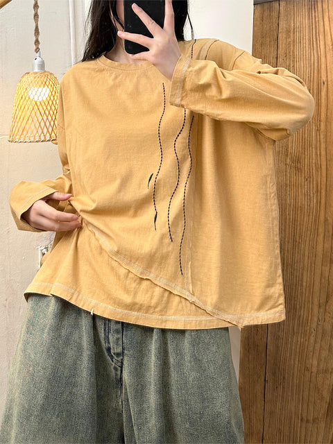 Women Autumn Casual Spliced O-Neck Cotton Loose Blouse