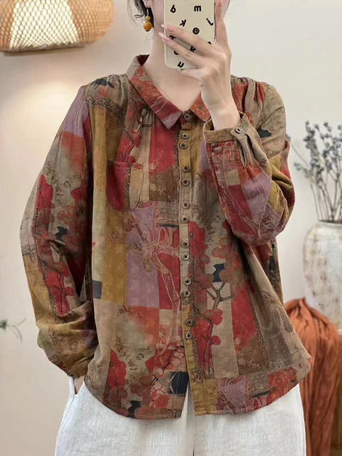 Women Vintage Autumn Flower Button-up Cotton Blouse