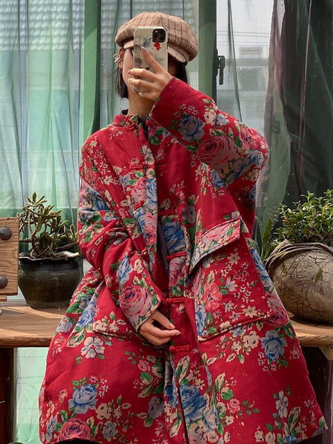 Women Winter Vintage Flower Pocket Button Cotton Coat