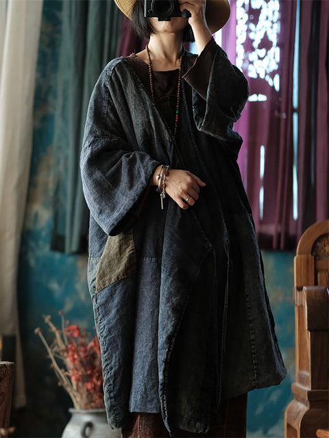 Women Autumn Spliced Strap V-Neck Linen Long Coat