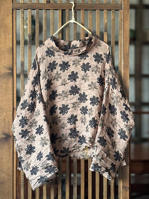 Women Artsy Autumn Flower Turtleneck Blouse