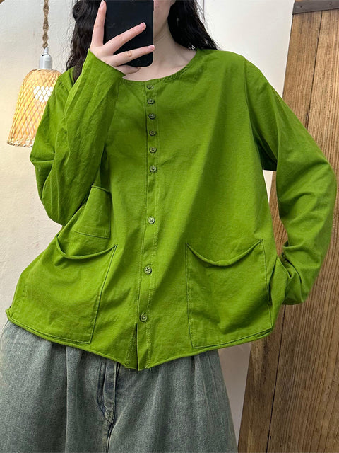 Women Vintage Solid Button Pocket O-Neck Cotton Blouse