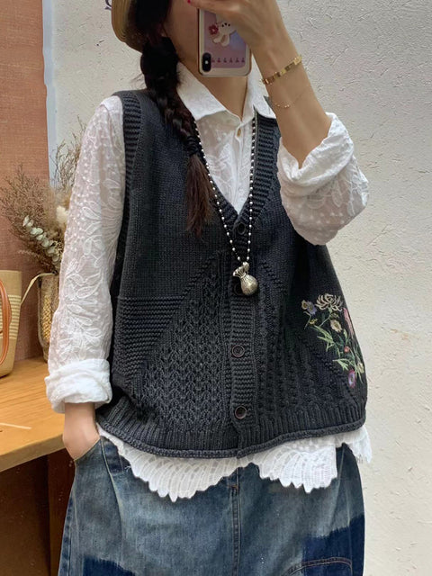 Women Autumn Artsy Flower Embroidery Knit V-Neck Vest