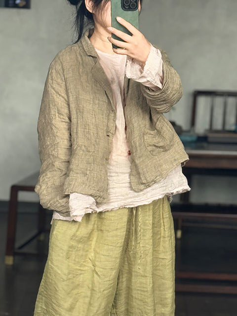 Women Vintage Autumn Solid Linen Shirt Coat