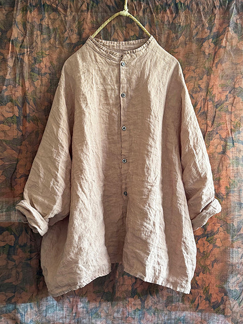 Women Autumn Vintage Button-up Solid Linen Shirt