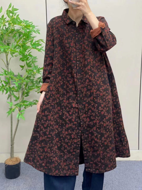 Women Autumn Vintage Flower Button-up Long Shirt