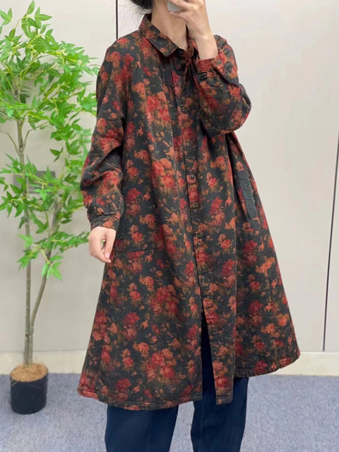 Women Autumn Vintage Flower Button-up Cotton Linen Long Shirt