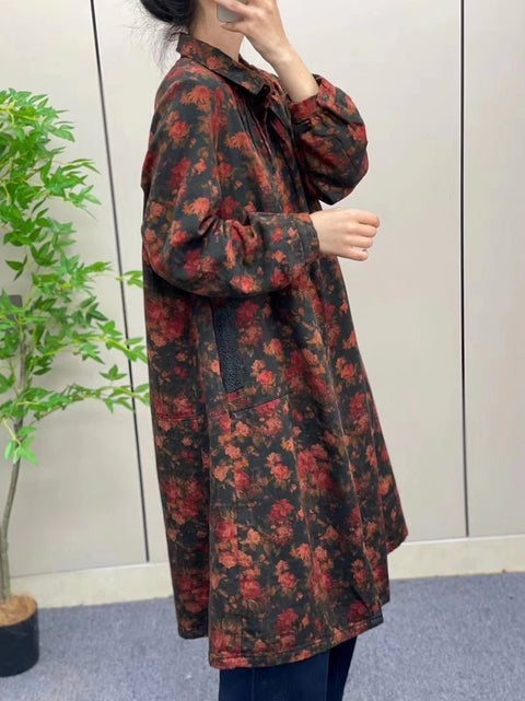 Women Autumn Vintage Flower Button-up Long Shirt