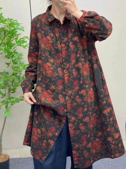 Women Autumn Vintage Flower Button-up Long Shirt