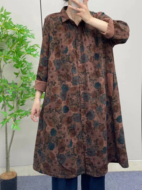 Women Autumn Vintage Flower Button-up Cotton Linen Long Shirt