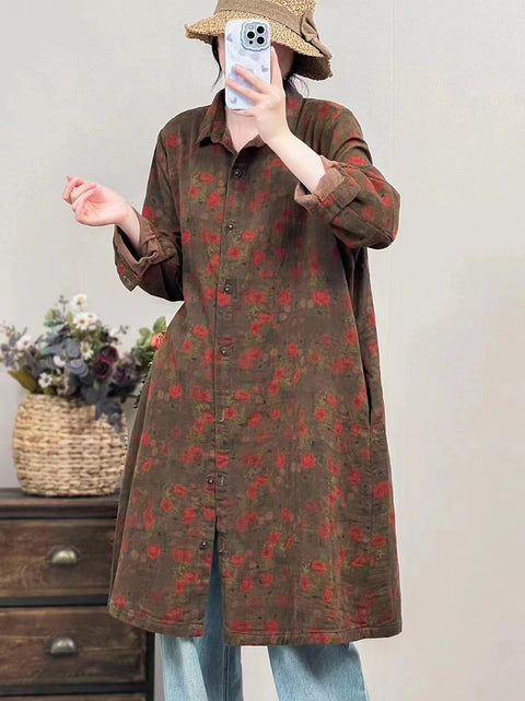 Women Autumn Vintage Flower Button-up Long Shirt