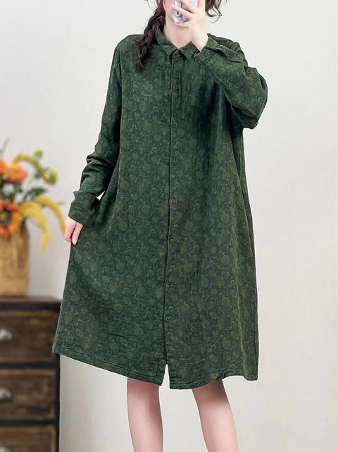 Women Autumn Vintage Flower Button-up Cotton Linen Long Shirt