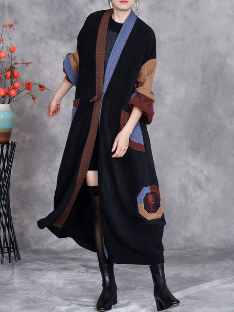 Women Winter Artsy Colorblock Cardigan Long Coat