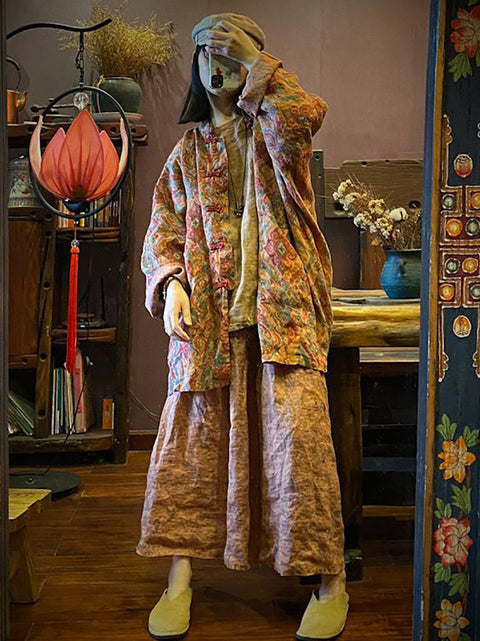 Women Vintage Autumn Print 100%Linen Button-up Coat