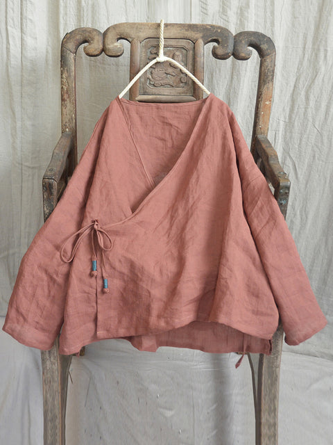 Women Vintage Autumn V-Neck Strap Loose Linen Blouse