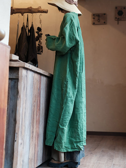 Women Autumn Vintage Green O-Neck Linen Robe Dress