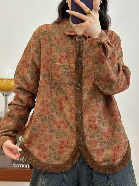 Women Autumn Flower Corduroy Spliced Button-up Shirt